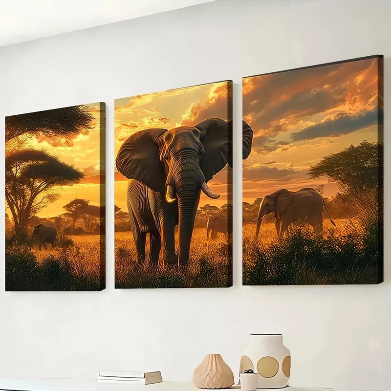 3pcs  Grassland Natural Sunset Scenery Elephant Wall Art Set Canvas Framed 50x70cm -  High Quality Print 100% Australian Made Wall Canvas Ready to Hang