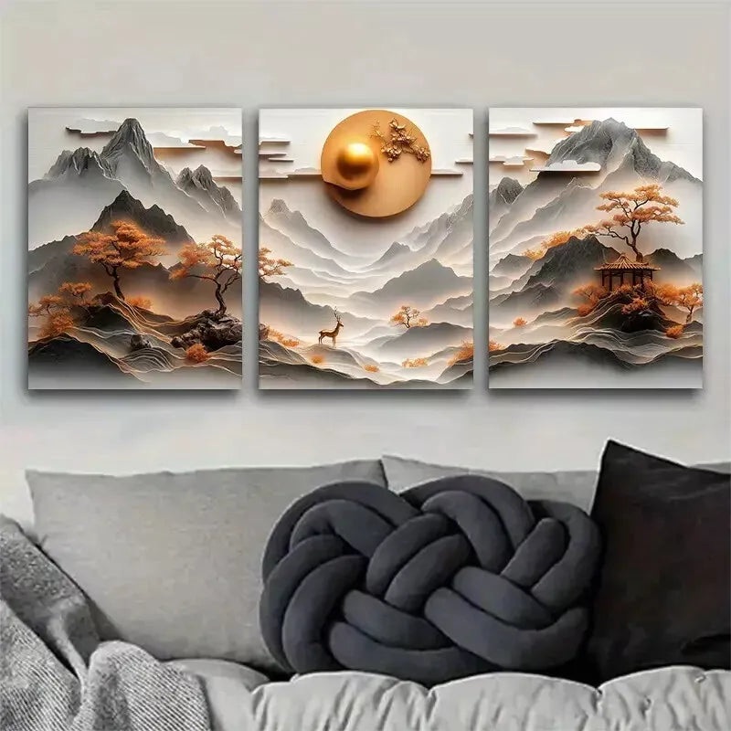 3pcs Gray Tones with Golden Balls Trees & Deer Wall Art Set Canvas Framed 50x70cm -  High Quality Print 100% Australian Made Wall Canvas Ready to Hang