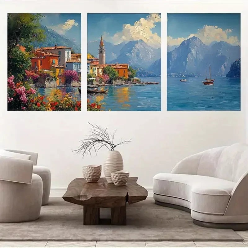 3pcs Italian Riviera with Sailing Boats Mountain Wall Art Set Canvas Framed 50x70cm -  High Quality Print 100% Australian Made Wall Canvas Ready to Hang