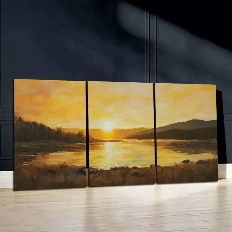3pcs Lake Under the Sunset  Wall Art Set Canvas Framed 50x70cm - High Quality Print 100% Australian Made Wall Canvas Ready to Hang