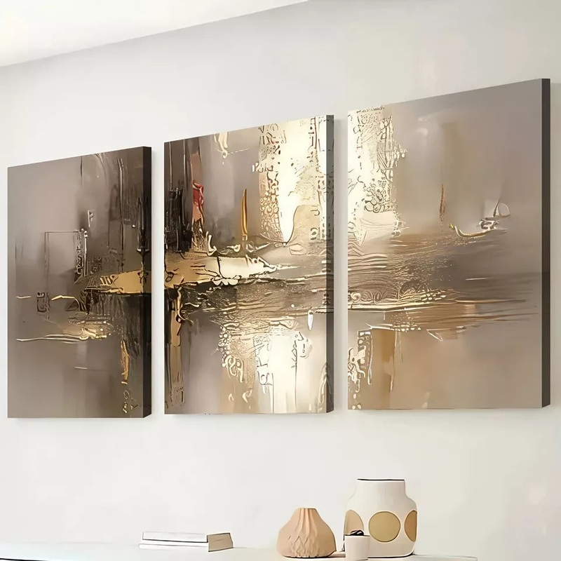 3pcs  Light Luxury Style Gold Abstract Geometric Wall Art Set Canvas Framed 50x70cm -  High Quality Print 100% Australian Made Wall Canvas Ready to Hang