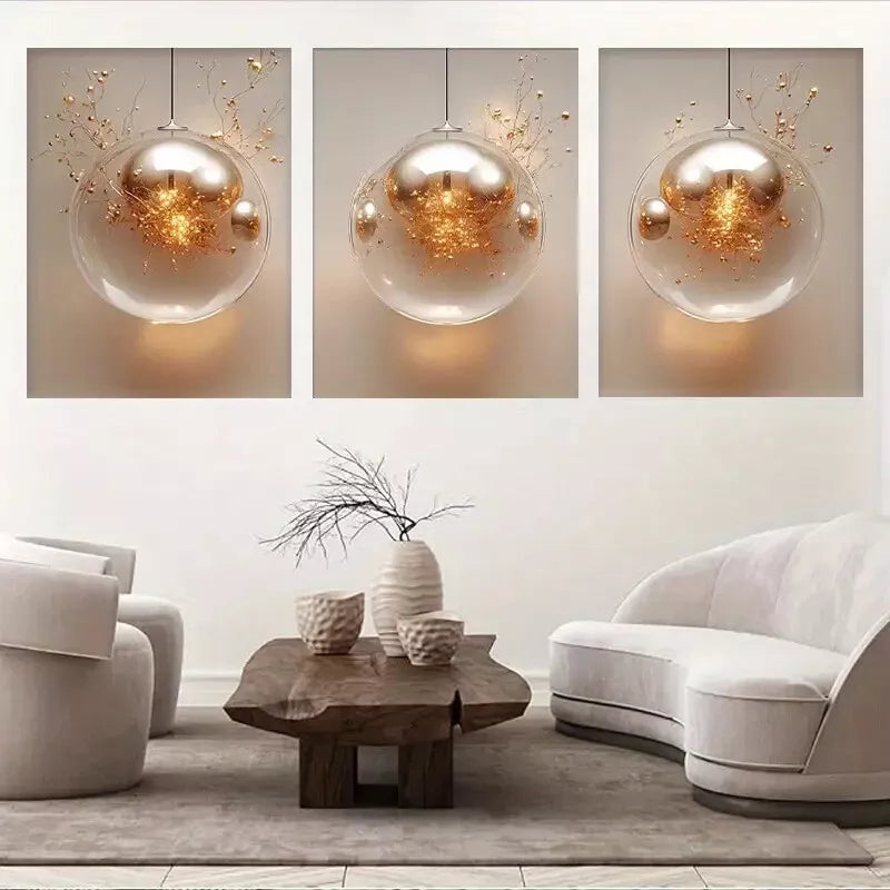 3pcs Luxury Golden Globe with Sparkling Lights Wall Art Set Canvas Framed 50x70cm -  High Quality Print 100% Australian Made Wall Canvas Ready to Hang
