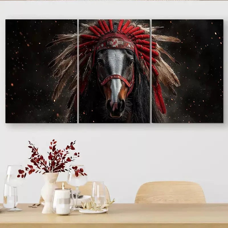 3pcs  Majestic Black Horse & Feather Headdress  Wall Art Set Canvas Framed 50x70cm -  High Quality Print 100% Australian Made Wall Canvas Ready to Hang