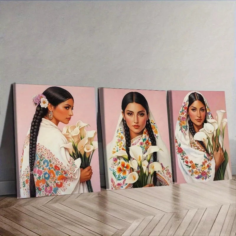 3pcs Mexican Women Holding Flowers Pink Color Wall Art Canvas Wall Art Set Canvas Framed 50x70cm -  High Quality Print 100% Australian Made Wall Canvas Ready to Hang