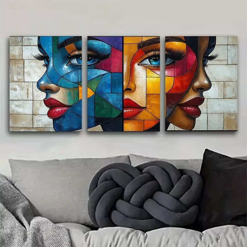 3pcs Modern Colorful Geometric Female Profile Wall Art Set Canvas Framed 50x70cm -  High Quality Print 100% Australian Made Wall Canvas Ready to Hang