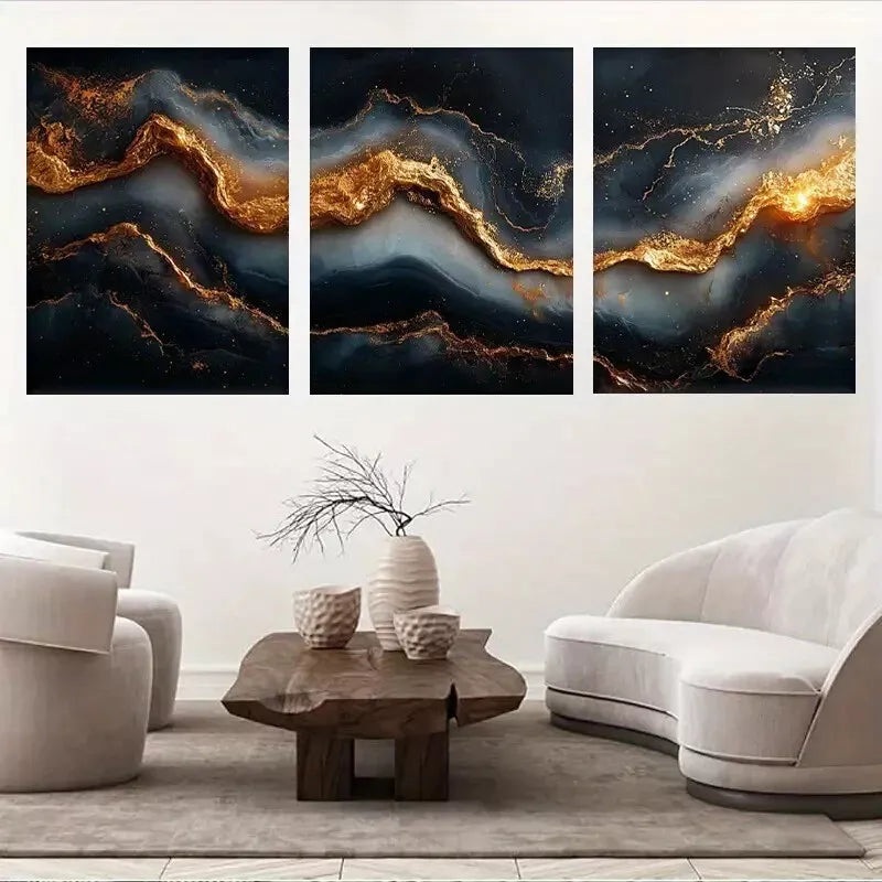 3pcs  Modern Marble-Like Design with Golden Veins Wall Art Set Canvas Framed 50x70cm -  High Quality Print 100% Australian Made Wall Canvas Ready to Hang