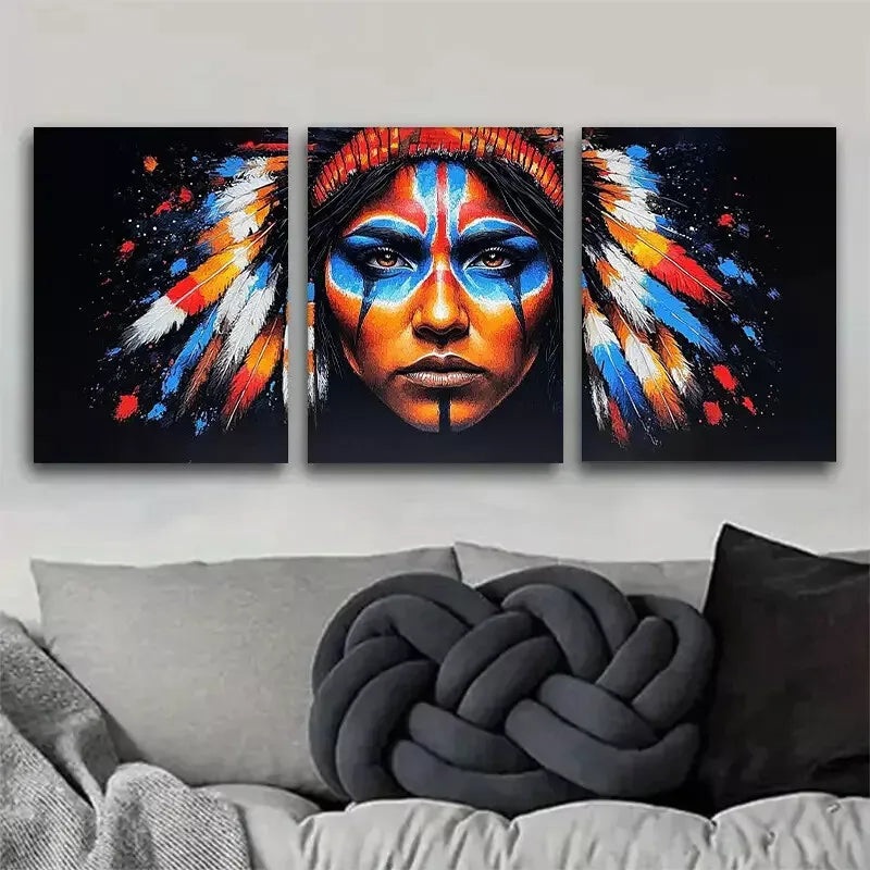 3pcs  Native American Figure Feather Headdress Wall Art Set Canvas Framed 50x70cm -  High Quality Print 100% Australian Made Wall Canvas Ready to Hang