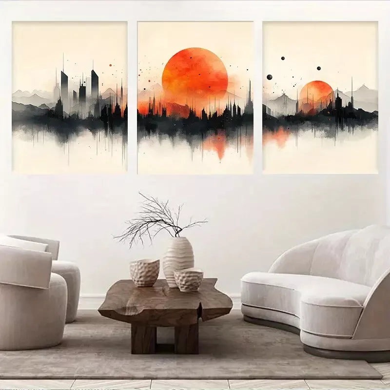3pcs  Vibrant Orange-Red Skyline Water Reflection Wall Art Set Canvas Framed 50x70cm -  High Quality Print 100% Australian Made Wall Canvas Ready to Hang