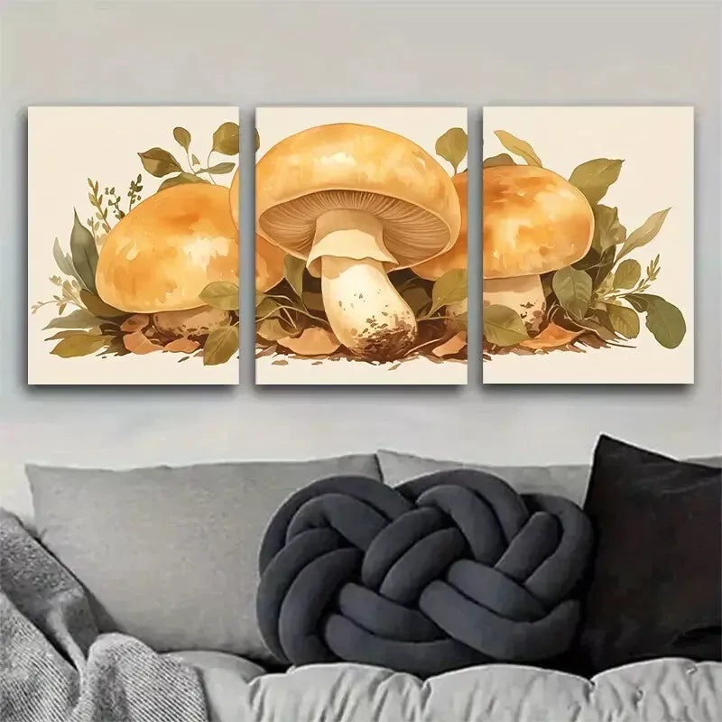 3pcs  Vibrant Orange-Yellow Mushrooms with Leaves  Wall Art Set Canvas Framed 50x70cm -  High Quality Print 100% Australian Made Wall Canvas Ready to Hang