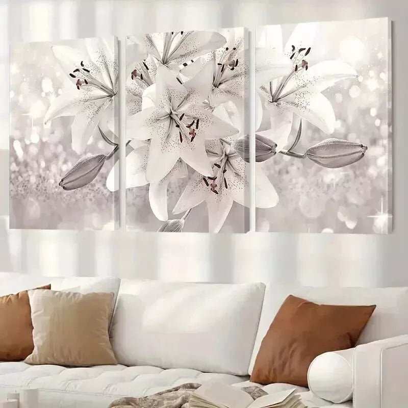 3pcs  White Lily Flower Wall Art Set Canvas Framed 50x70cm - High Quality Print 100% Australian Made Wall Canvas Ready to Hang