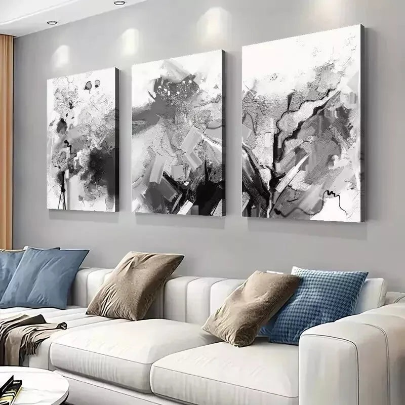 3pcs Abstract Black & White Brushstroke Canvas Wall Art Set Canvas Framed 50x70cm - High Quality Print 100% Australian Made Wall Canvas Ready to Hang