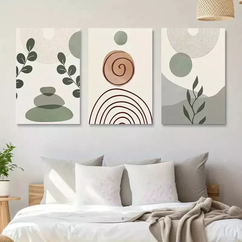 3pcs Abstract Sage Green Bohemian Wall Art Set Canvas Framed 50x70cm - High Quality Print 100% Australian Made Wall Canvas Ready to Hang