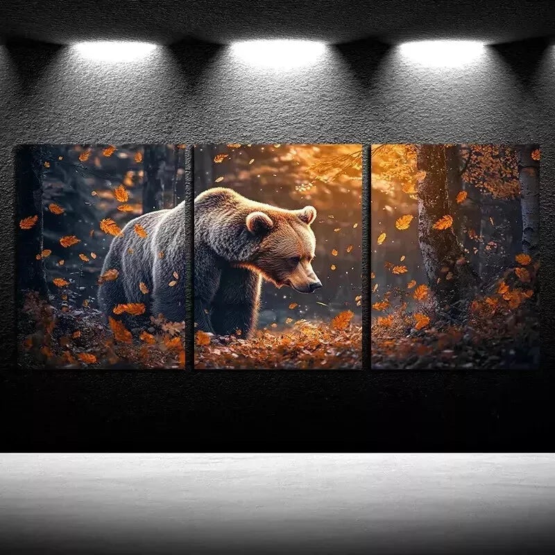 3pcs  Bear in Autumn Leaves  Wall Art Set Canvas Framed 50x70cm - High Quality Print 100% Australian Made Wall Canvas Ready to Hang