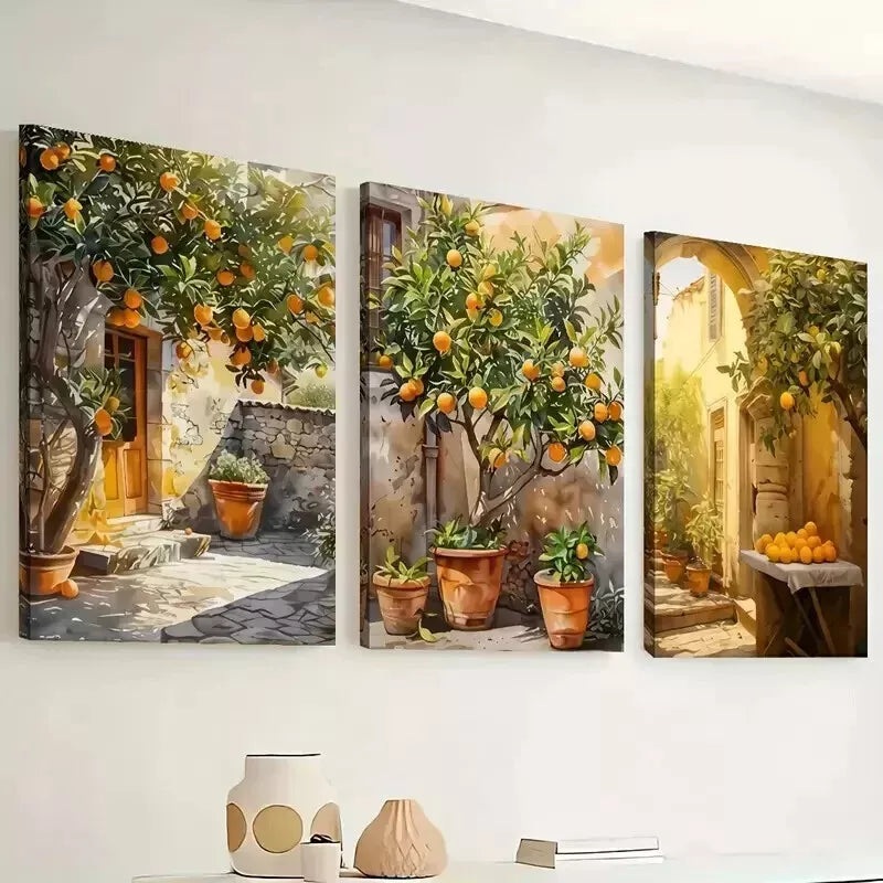3pcs Beautiful Style- Fruit Trees, Courtyard Lands  Wall Art Set Canvas Framed 50x70cm - High Quality Print 100% Australian Made Wall Canvas Ready to Hang