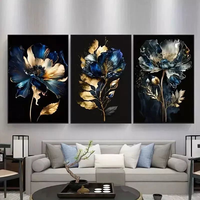 3pcs Black and Blue Flowers Abstract Wall Art Set Canvas Framed 50x70cm - High Quality Print 100% Australian Made Wall Canvas Ready to Hang