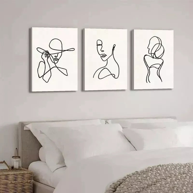 3pcs Black & White Female Face Line Drawings  Wall Art Set Canvas Framed 50x70cm - High Quality Print 100% Australian Made Wall Canvas Ready to Hang