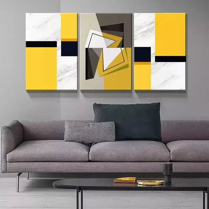 3pcs Black Yellow White Geometric Abstract  Wall Art Set Canvas Framed 50x70cm - High Quality Print 100% Australian Made Wall Canvas Ready to Hang