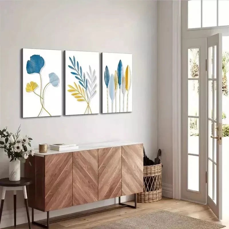 3pcs  Blue and Golden leaves Canvas Wall Art Set Canvas Framed 50x70cm - High Quality Print 100% Australian Made Wall Canvas Ready to Hang