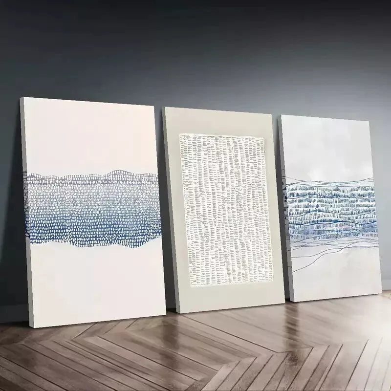 3pcs Blue and White Geometric Abstract Illustration Wall Art Set Canvas Framed 50x70cm - High Quality Print 100% Australian Made Wall Canvas Ready to Hang