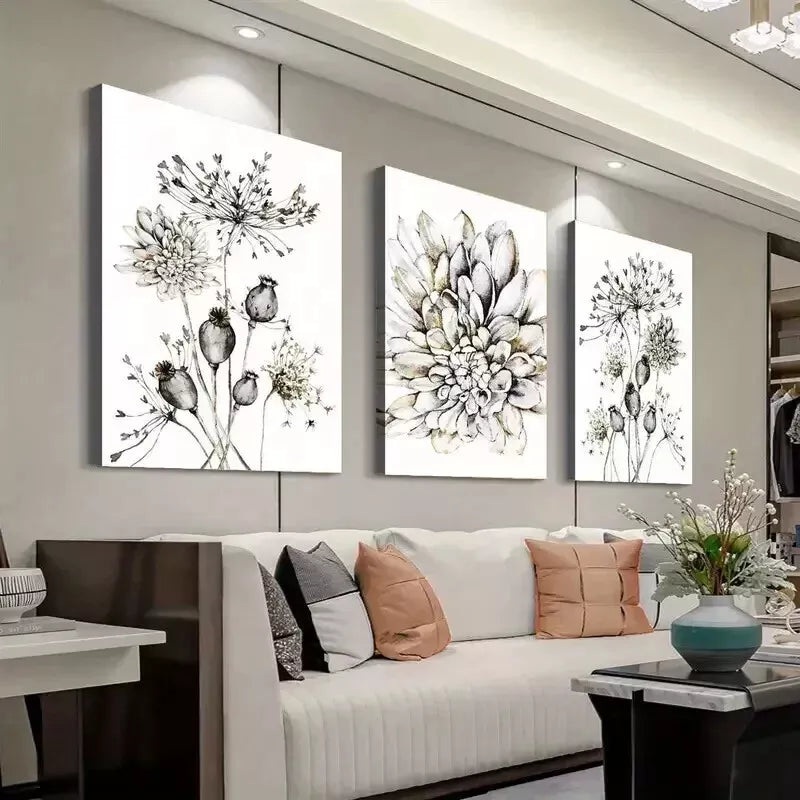 3pcs  Boho Chic Dandelion & Dahlia Flower Wall Art Set Canvas Framed 50x70cm - High Quality Print 100% Australian Made Wall Canvas Ready to Hang