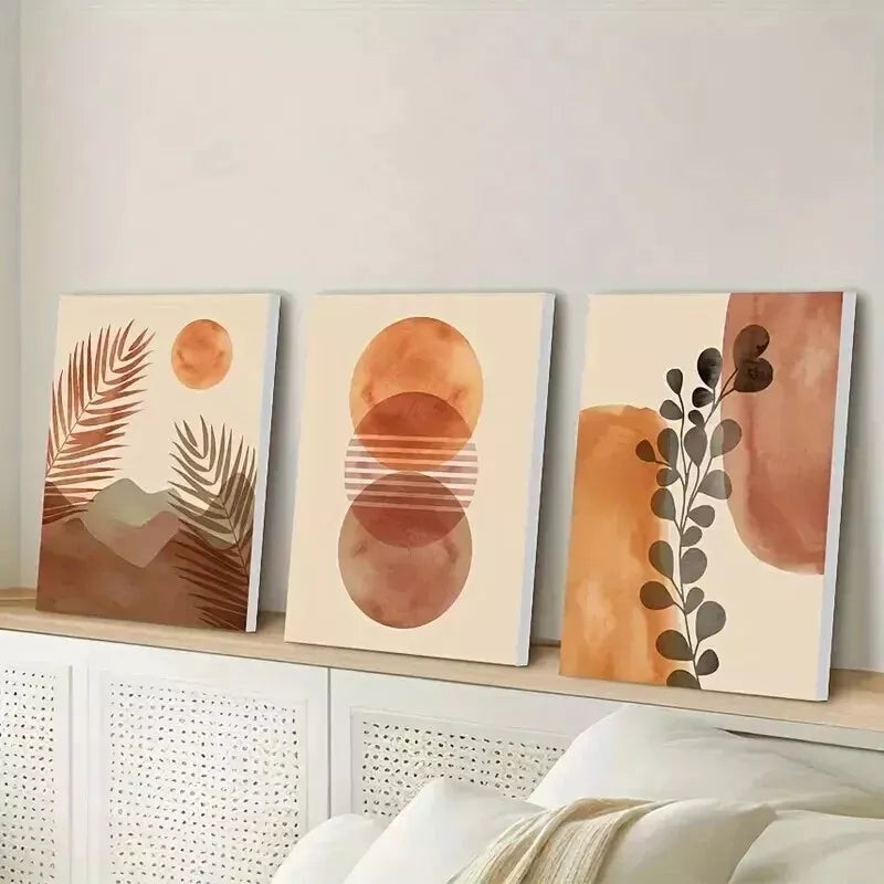 3pcs Brown Orange Geometric Abstract Wall Art Set Canvas Framed 50x70cm - High Quality Print 100% Australian Made Wall Canvas Ready to Hang