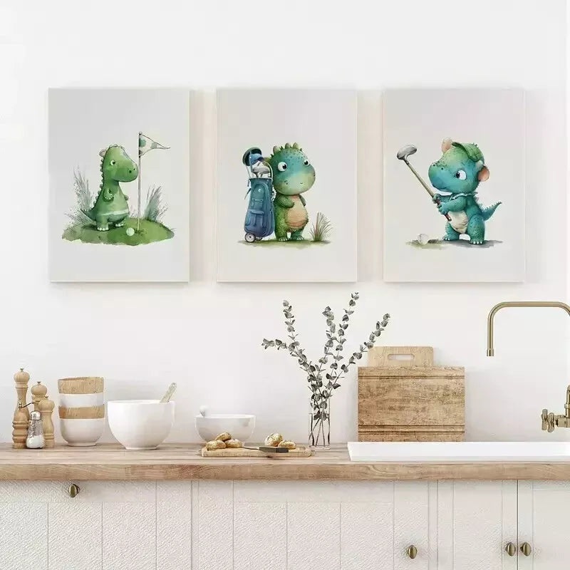 3pcs   Cartoonish Playful Dino Wall Art Set Canvas Framed 50x70cm - High Quality Print 100% Australian Made Wall Canvas Ready to Hang