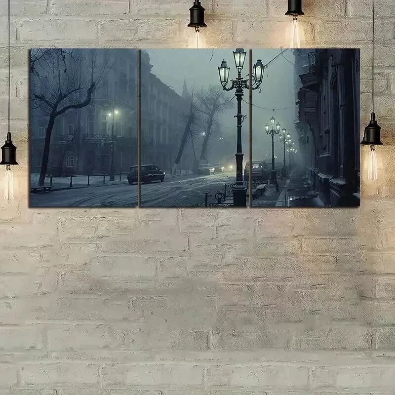3pcs City in Fog At Night Wall Art Set Canvas Framed 50x70cm - High Quality Print 100% Australian Made Wall Canvas Ready to Hang