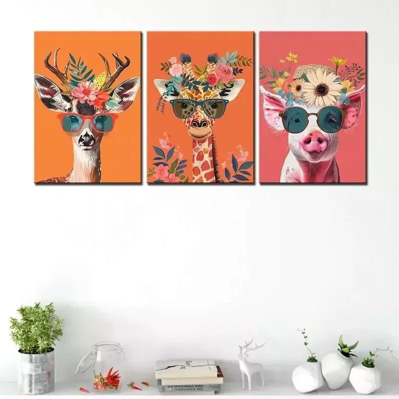 3pcs Colorful Flowers Animals Wall Art Set Canvas Framed 50x70cm - High Quality Print 100% Australian Made Wall Canvas Ready to Hang