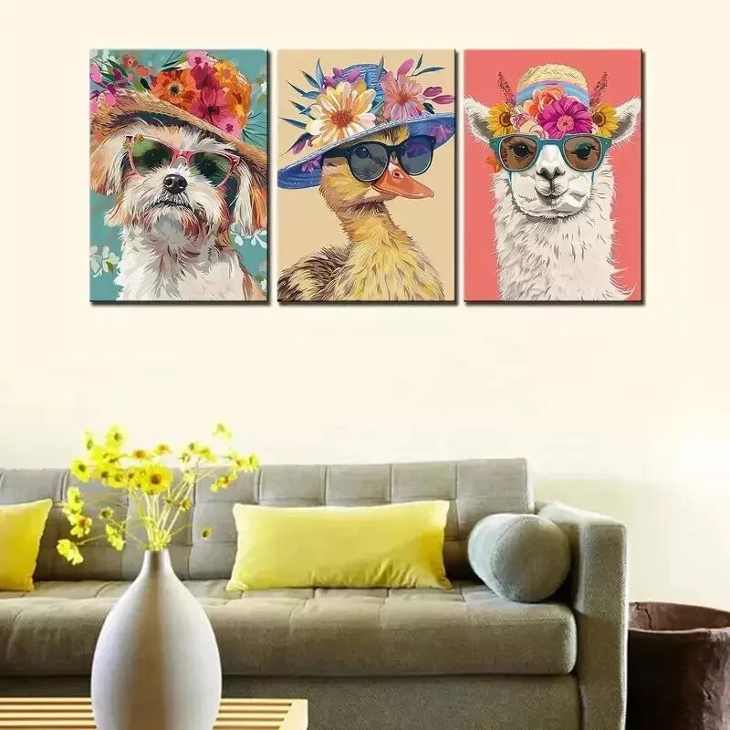 3pcs Colorful Flowers Wear Sunglass Animals  Wall Art Set Canvas Framed 50x70cm - High Quality Print 100% Australian Made Wall Canvas Ready to Hang