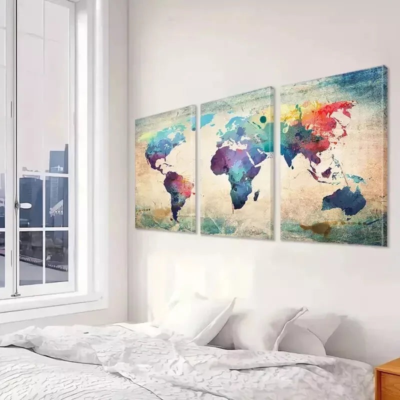 3pcs Colorful World Map Wall Art Set Canvas Framed 50x70cm - High Quality Print 100% Australian Made Wall Canvas Ready to Hang