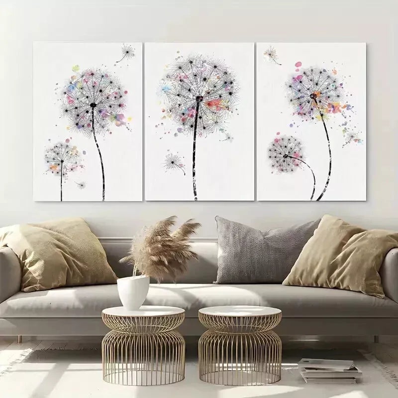 3pcs Dandelions & Watercolor Dots Floral Wild Wall Art Set Canvas Framed 50x70cm - High Quality Print 100% Australian Made Wall Canvas Ready to Hang