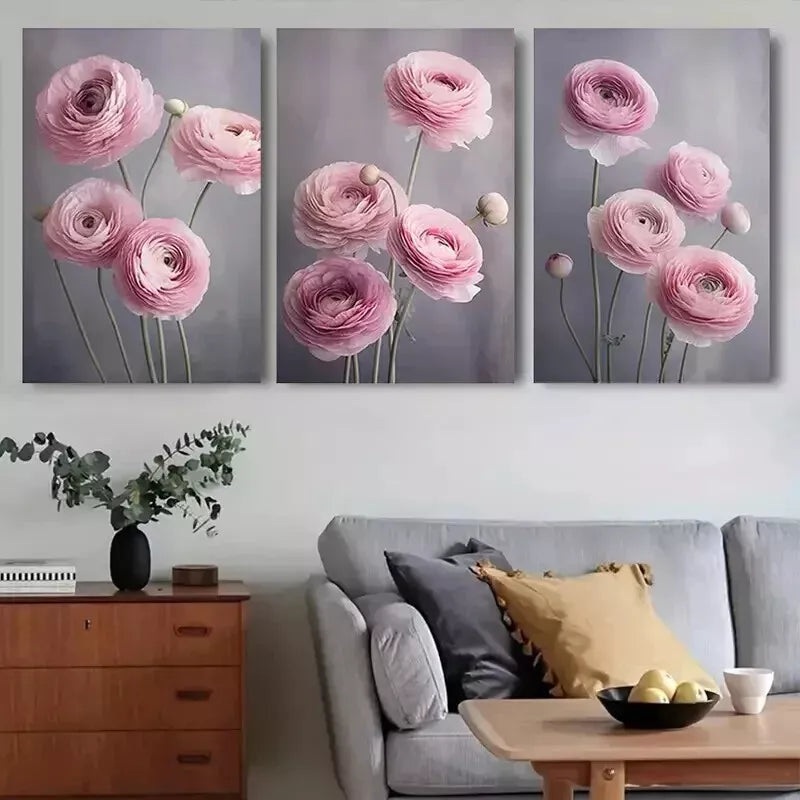 3pcs Fashionable Pink Flowers  Wall Art Set Canvas Framed 50x70cm - High Quality Print 100% Australian Made Wall Canvas Ready to Hang