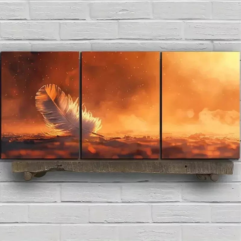 3pcs Feather & Sunlight Photograph Wall Art Set Canvas Framed 50x70cm - High Quality Print 100% Australian Made Wall Canvas Ready to Hang