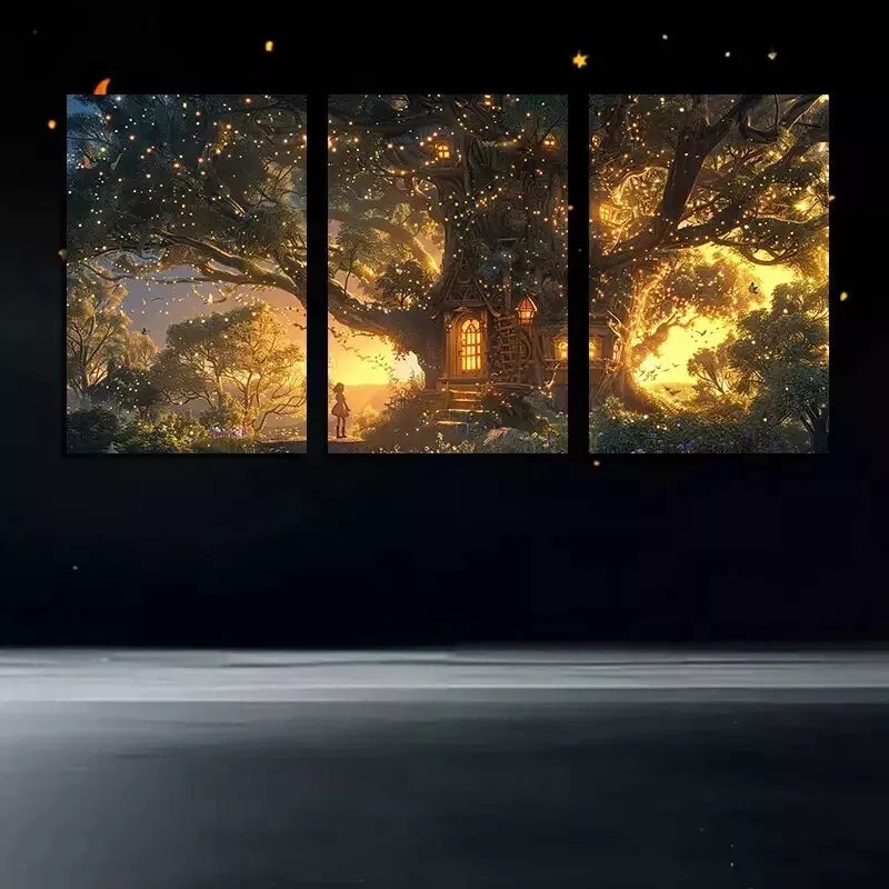 3pcs Forest Scene Triptych, Enchanted Tree House  Wall Art Set Canvas Framed 50x70cm - High Quality Print 100% Australian Made Wall Canvas Ready to Hang