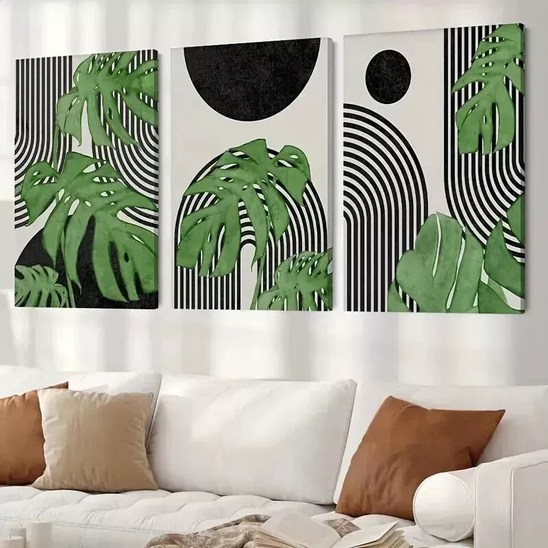 3pcs Geometric Monstera Leaf  Wall Art Set Canvas Framed 50x70cm - High Quality Print 100% Australian Made Wall Canvas Ready to Hang