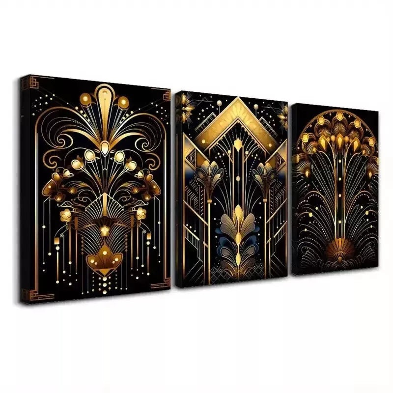 3pcs Golden Modern & Classic Striped Pattern Wall Art Set Canvas Framed 50x70cm - High Quality Print 100% Australian Made Wall Canvas Ready to Hang