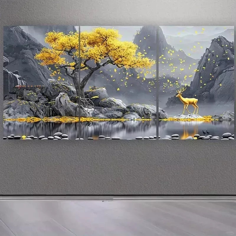 3pcs   Gray Background with a Yellow Tree and Deer Wall Art Set Canvas Framed 50x70cm - High Quality Print 100% Australian Made Wall Canvas Ready to Hang