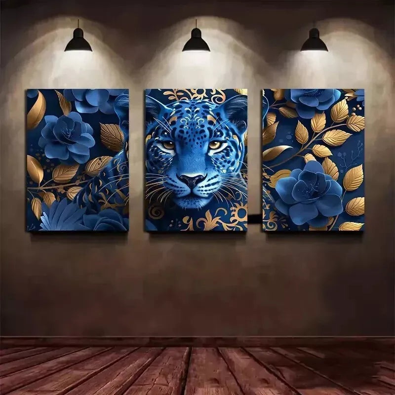 3pcs Leopard Surrounded By Blue Flowers and Golden Wall Art Set Canvas Framed 50x70cm - High Quality Print 100% Australian Made Wall Canvas Ready to Hang
