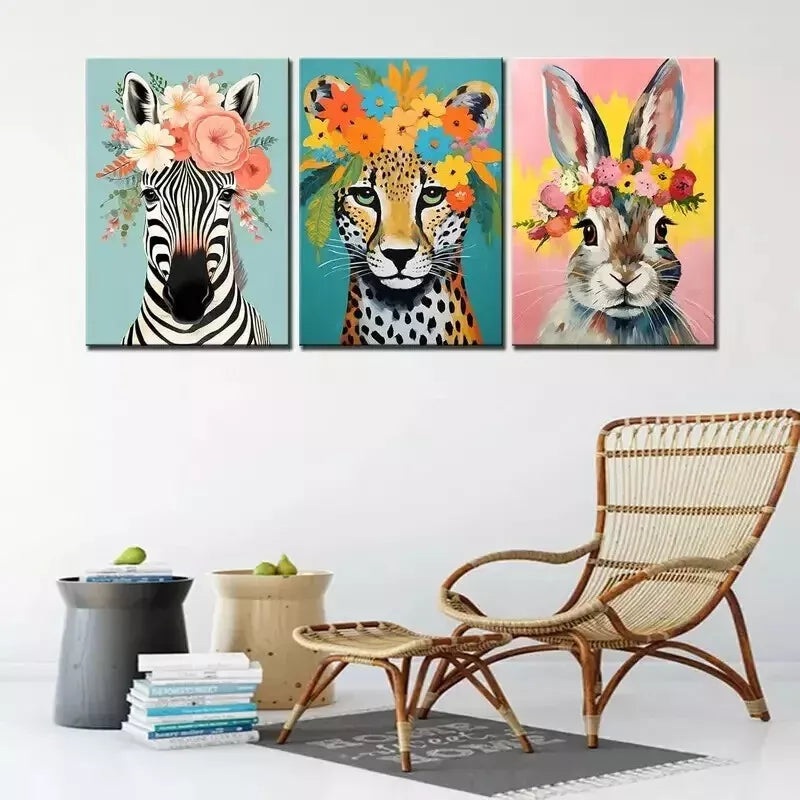 3pcs Leopard Zebra Rabbit Pictures Funny Animals Wall Art Set Canvas Framed 50x70cm - High Quality Print 100% Australian Made Wall Canvas Ready to Hang
