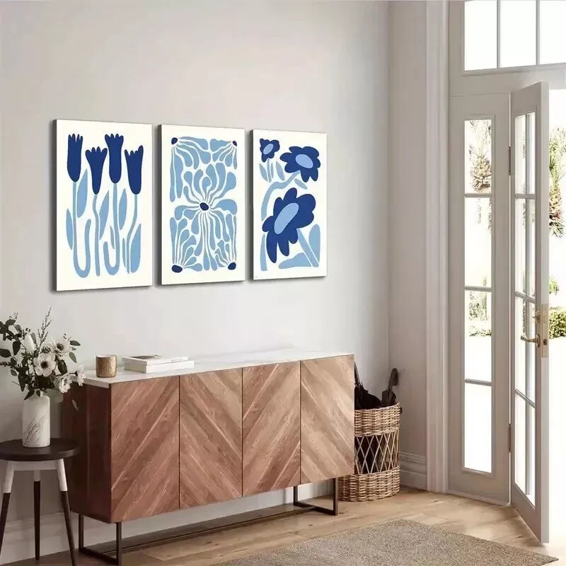 3pcs Light Blue Floral  Wall Art Set Canvas Framed 50x70cm - High Quality Print 100% Australian Made Wall Canvas Ready to Hang