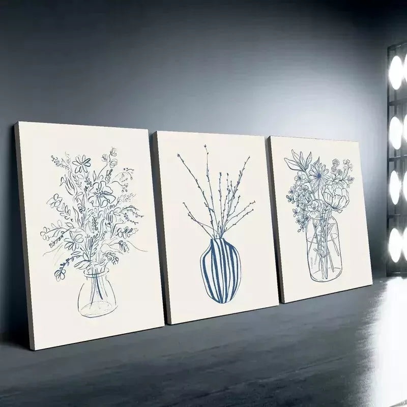 3pcs Line Blue Flower Plant Wall Art Set Canvas Framed 50x70cm - High Quality Print 100% Australian Made Wall Canvas Ready to Hang