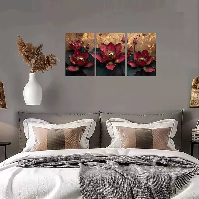 3pcs Lotus Flower Wall Art Set Canvas Framed 50x70cm - High Quality Print 100% Australian Made Wall Canvas Ready to Hang
