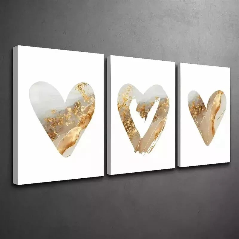 3pcs  Love Heart In Speckles Of Gold Wall Art Set Canvas Framed 50x70cm - High Quality Print 100% Australian Made Wall Canvas Ready to Hang