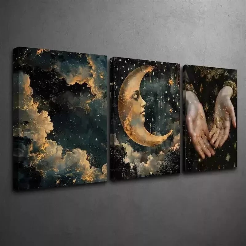 3pcs  Melancholic Celestial & Abstract Night Sky  Wall Art Set Canvas Framed 50x70cm - High Quality Print 100% Australian Made Wall Canvas Ready to Hang