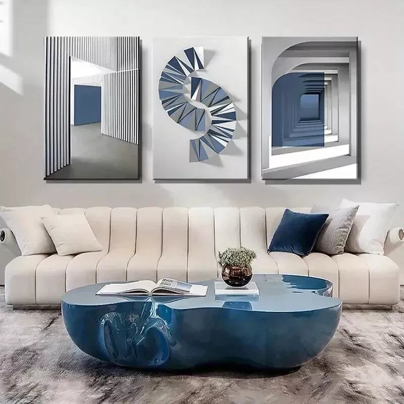 3pcs Minimalist Geometric Wall Art, Navy Blue  Wall Art Set Canvas Framed 50x70cm - High Quality Print 100% Australian Made Wall Canvas Ready to Hang
