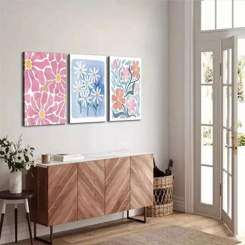 3pcs Minimalist Pink & Blue Flower Wall Art Set Canvas Framed 50x70cm - High Quality Print 100% Australian Made Wall Canvas Ready to Hang