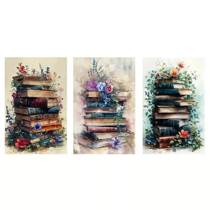 3pcs  Retro Abstract Watercolor Floral and Books Wall Art Set Canvas Framed 50x70cm - High Quality Print 100% Australian Made Wall Canvas Ready to Hang