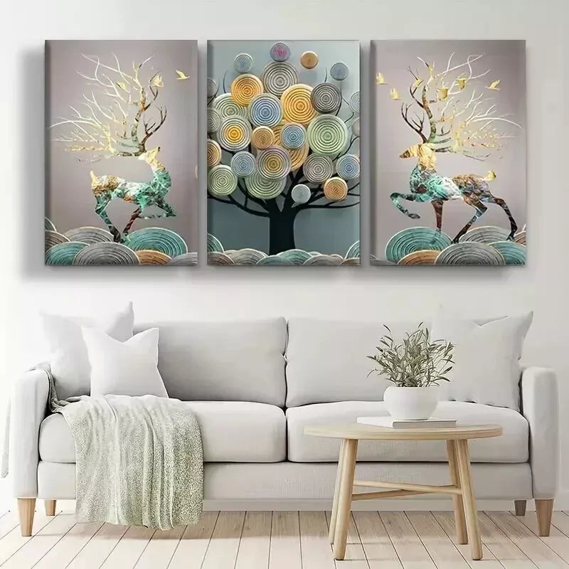 3pcs   Abstract Chinese Feng Shui Golden Rich Tree  Wall Art Set Canvas Framed 50x70cm - High Quality Print 100% Australian Made Wall Canvas Ready to Hang