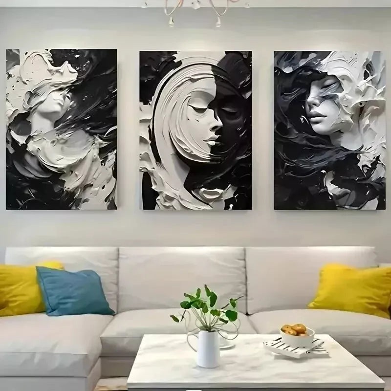 3pcs Abstract Venus Head Black and White Oil Paint Wall Art Set Canvas Framed 50x70cm - High Quality Print 100% Australian Made Wall Canvas Ready to Hang