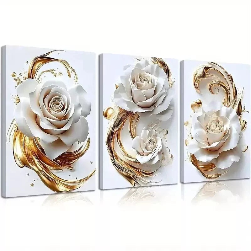 3pcs Abstract White Gold Rose Elegant Blossom Rose Wall Art Set Canvas Framed 50x70cm - High Quality Print 100% Australian Made Wall Canvas Ready to Hang